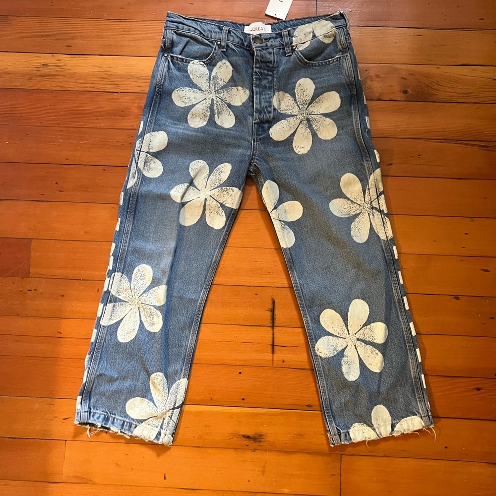 THE GREAT. Blue and White Floral Straight Leg Jeans